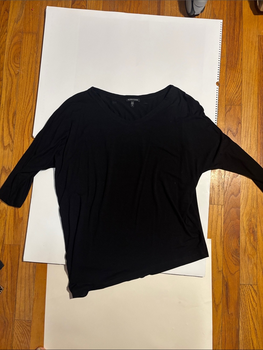 Eileen Fisher Black asymmetric 3/4 sleeve rayon/lycra tunic top Tee